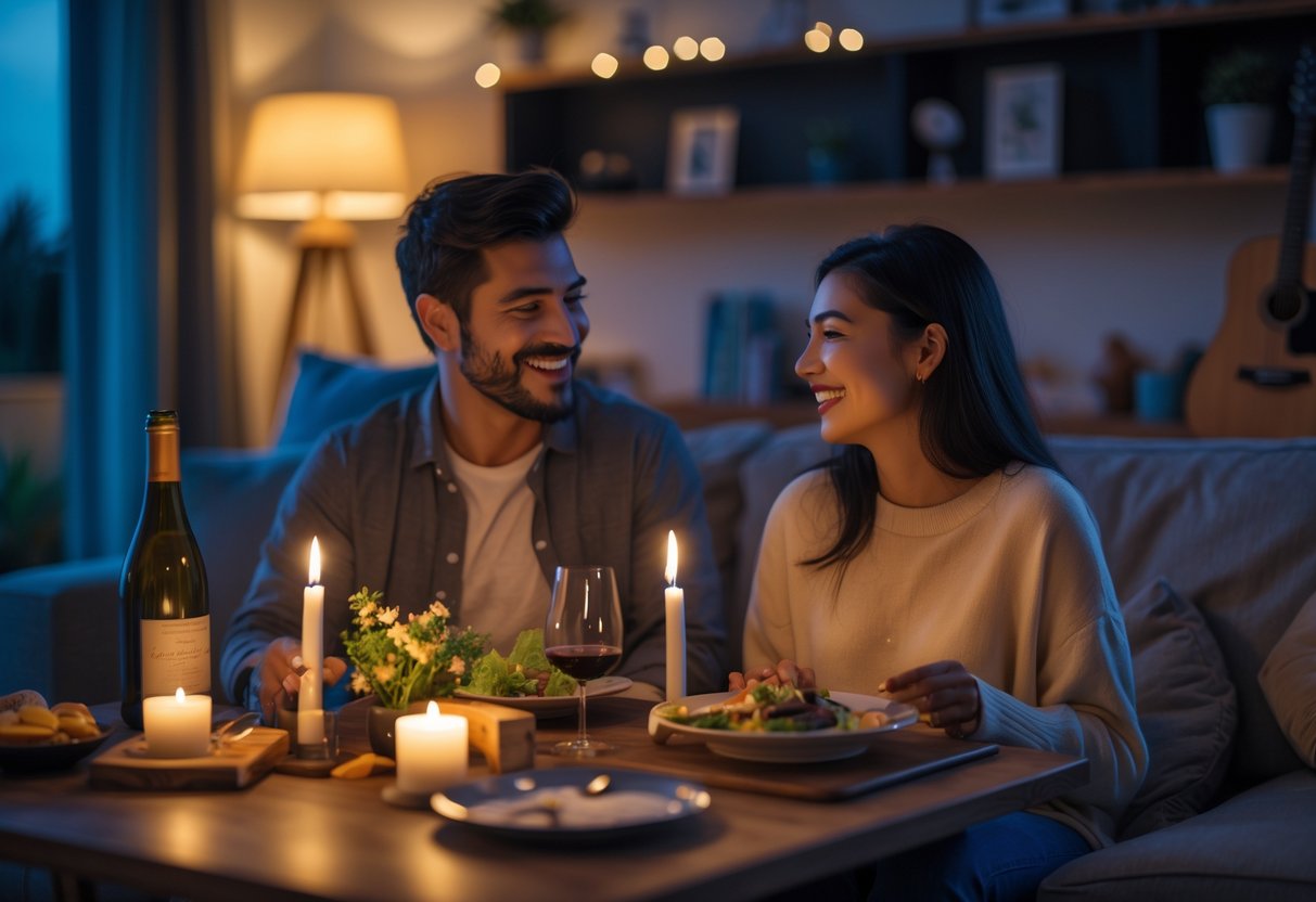 A young couple sharing a cozy dinner at home with candles and warm lighting, enjoying a spontaneous date night.
