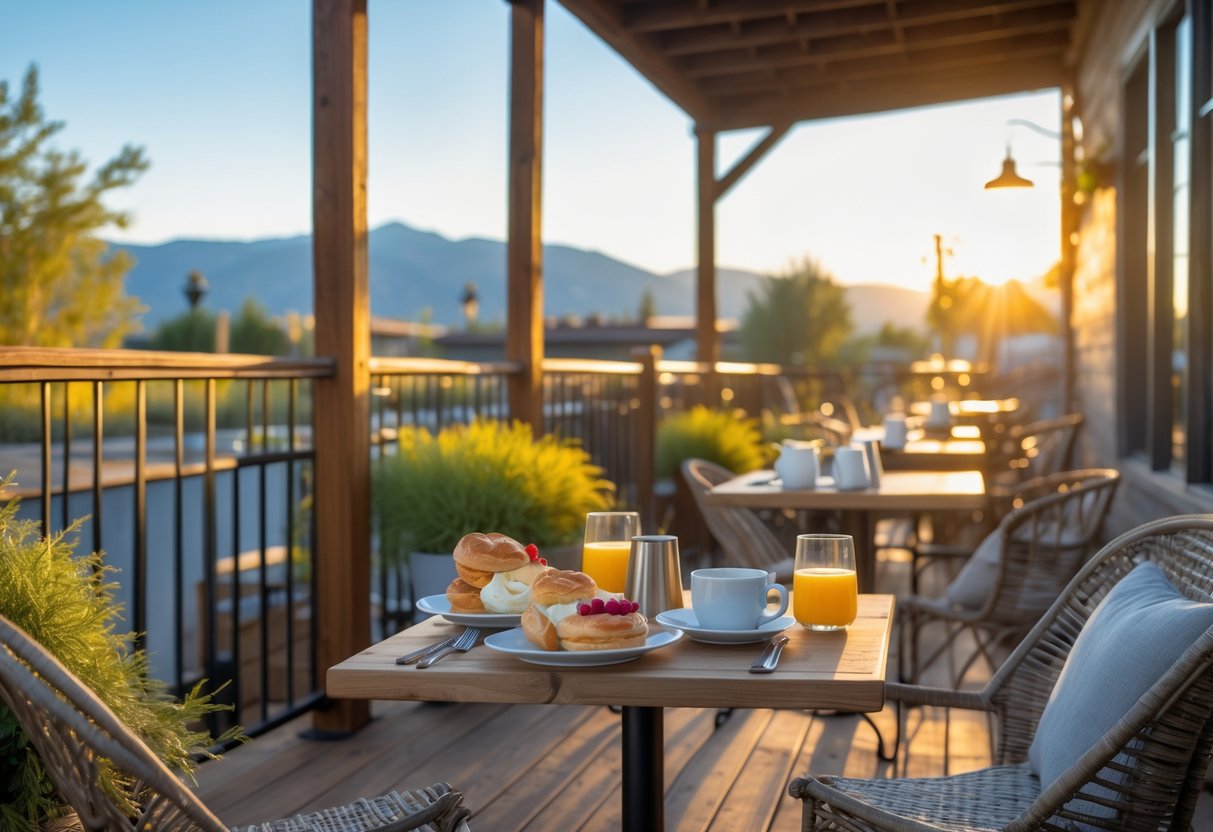 Sunrise breakfast setup on a wooden patio with coffee, pastries, and orange juice at an outdoor brewery in Utah County.