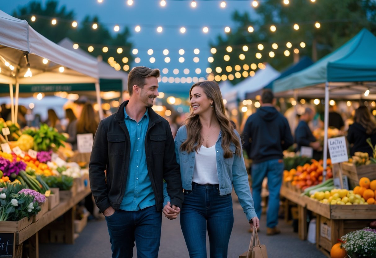 A young couple walking hand in hand through a busy farmers market with colorful stalls of fresh produce and flowers in the evening.