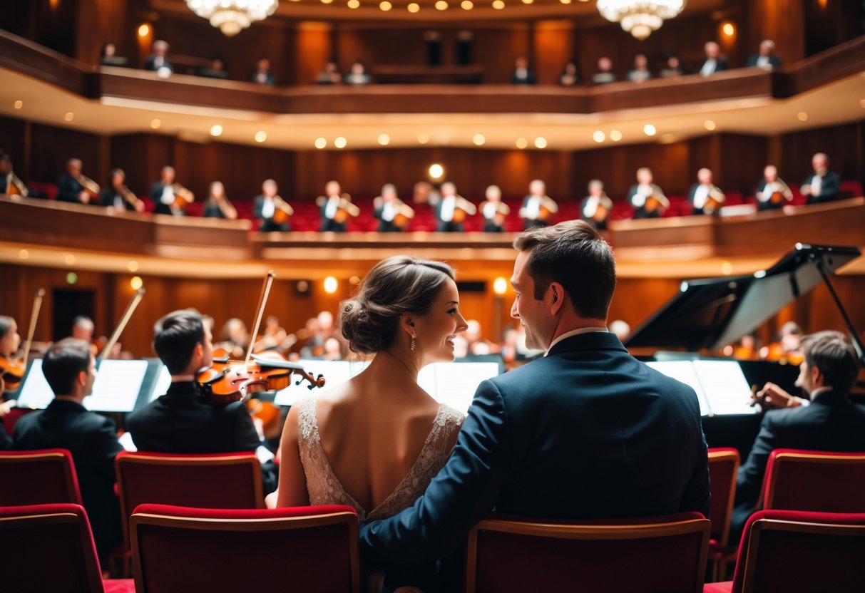 A couple enjoying a live symphony orchestra performance in an elegant concert hall.