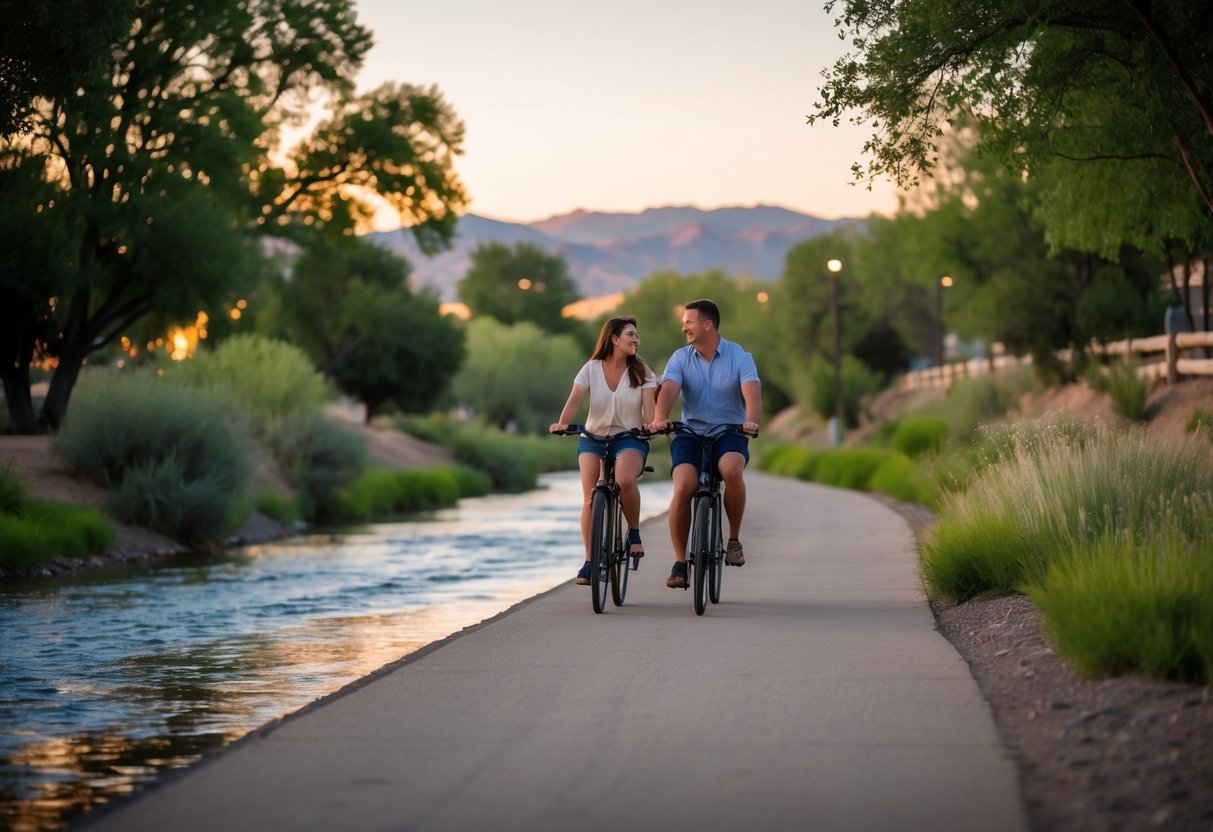 A couple riding bicycles together along a river trail surrounded by trees and mountains at sunset.