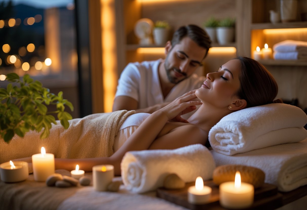 A couple enjoying a relaxing spa evening with a facial massage in a softly lit treatment room filled with candles, towels, and plants.