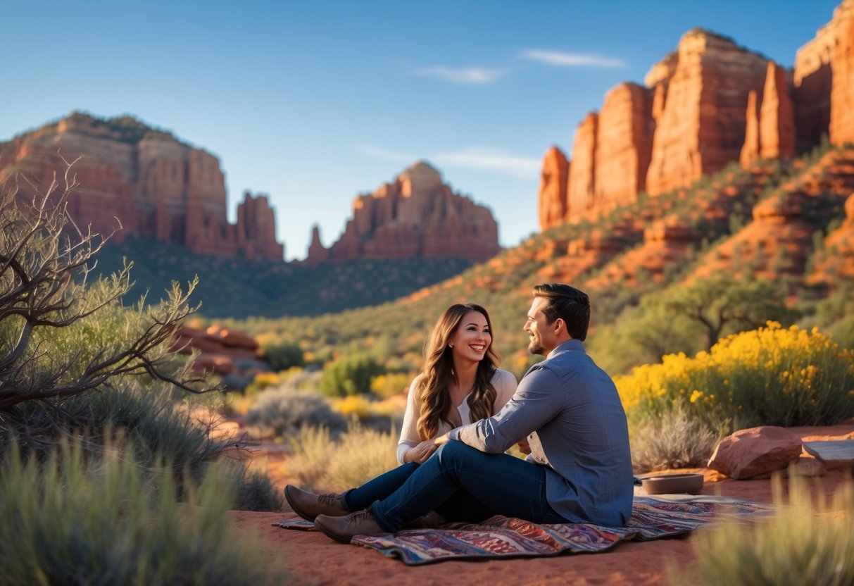 A couple enjoying a scenic outdoor date with red rock formations of Sedona, Arizona in the background.