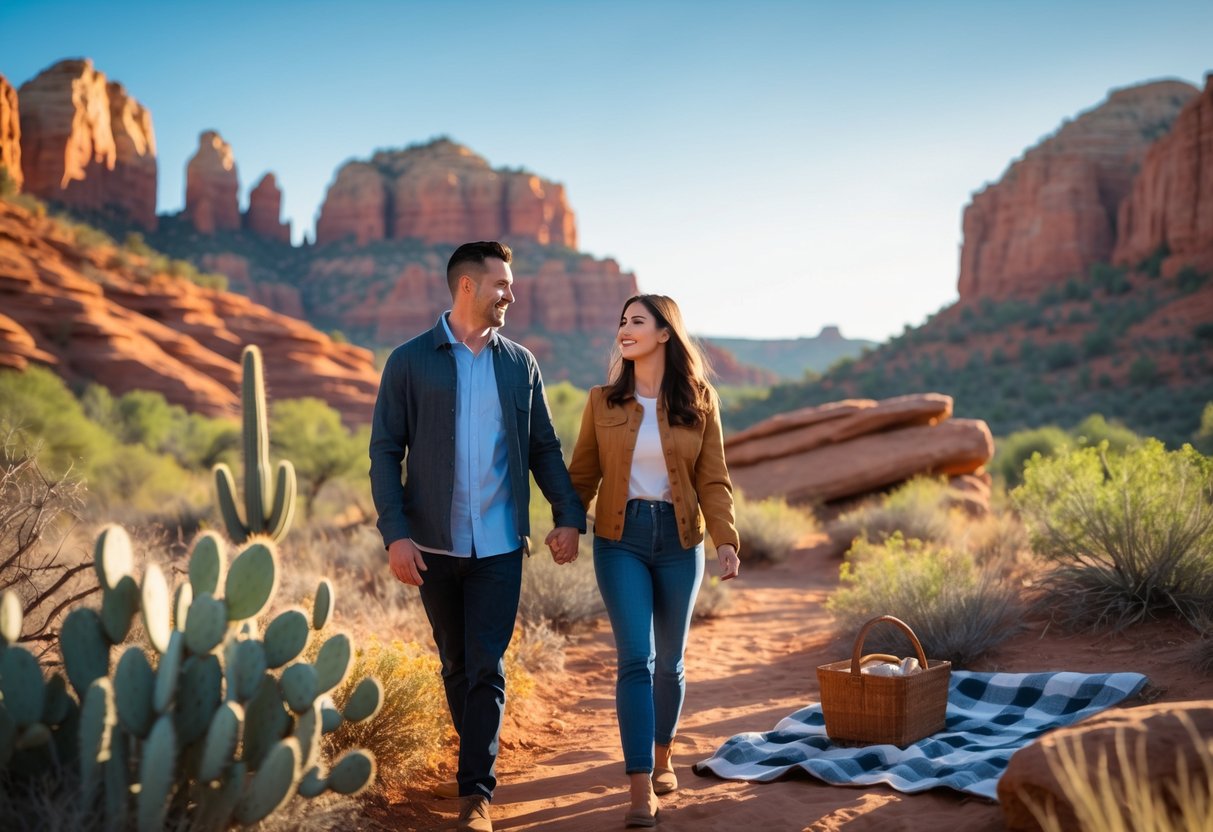 A couple walking hand in hand on a nature trail with red rock formations and desert plants in the background during a sunny day.