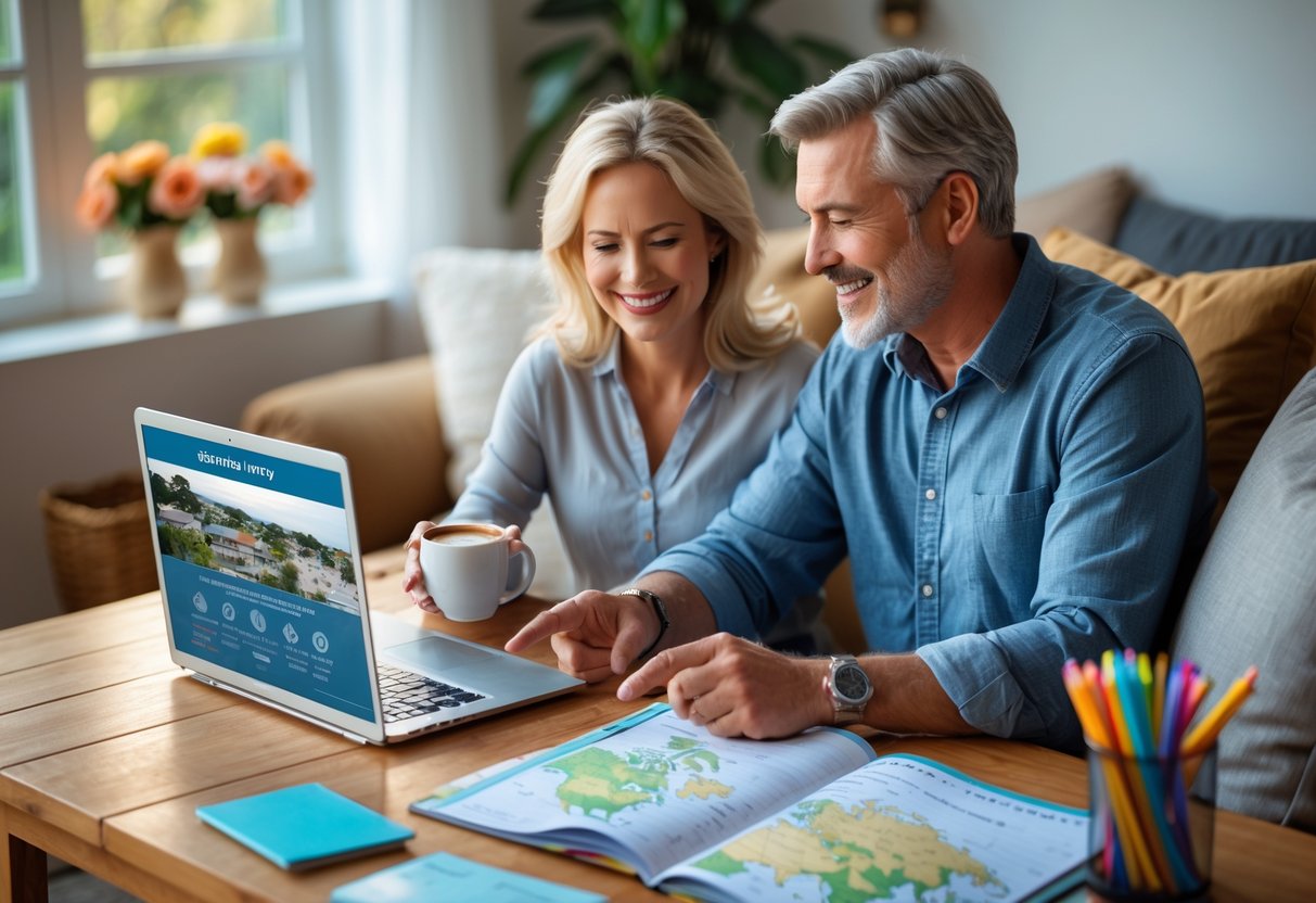 A middle-aged couple sitting at a table planning a weekend trip together, looking at a laptop and smiling.