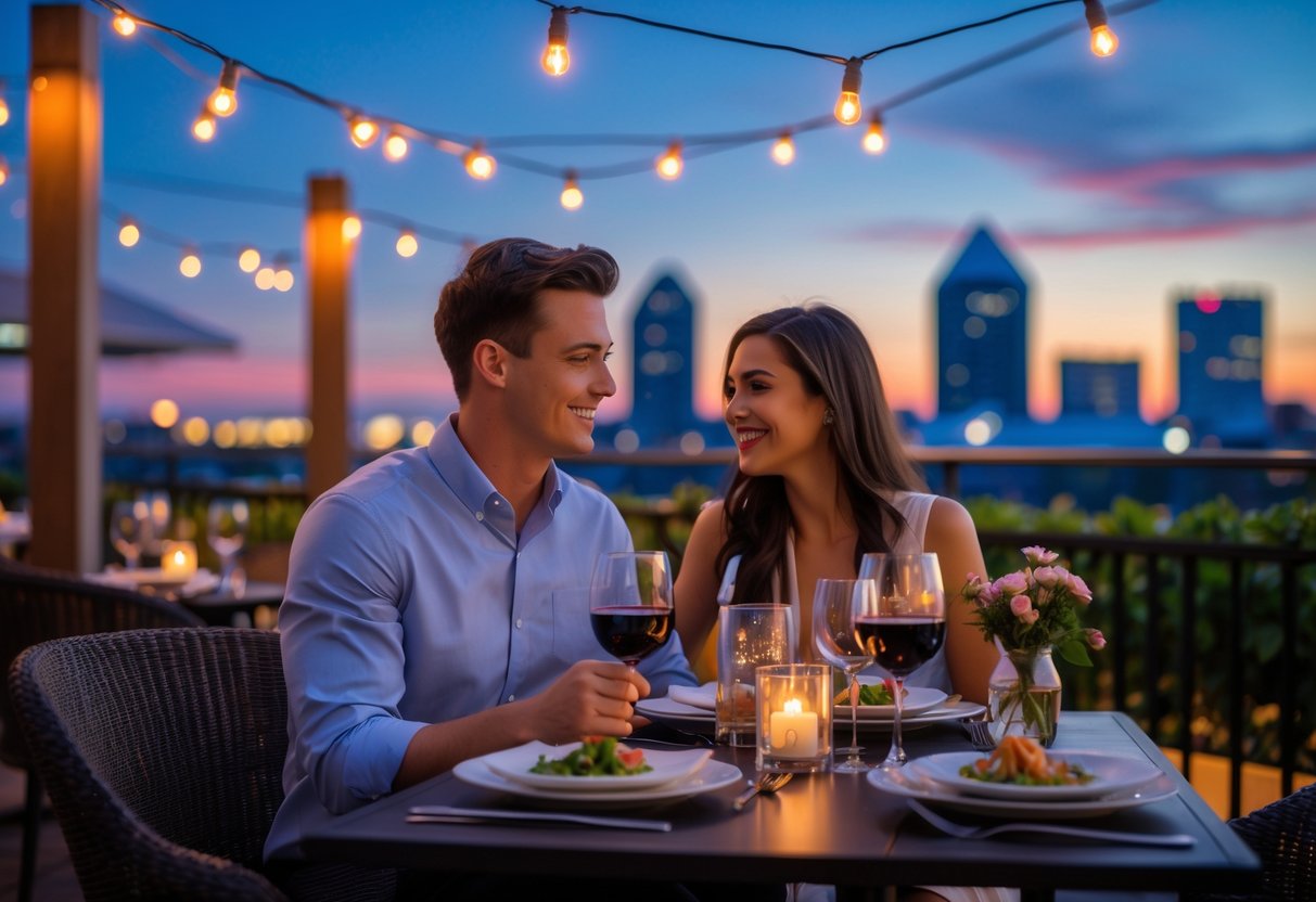 A young couple enjoying an outdoor dinner at an elegant restaurant with city buildings and lights in the background at dusk.