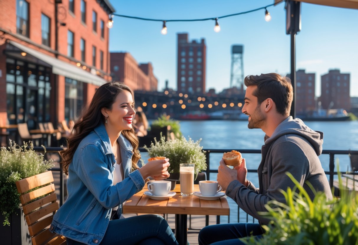 A young couple enjoying coffee together at an outdoor café near the waterfront in Troy, New York, with historic buildings and the river in the background.