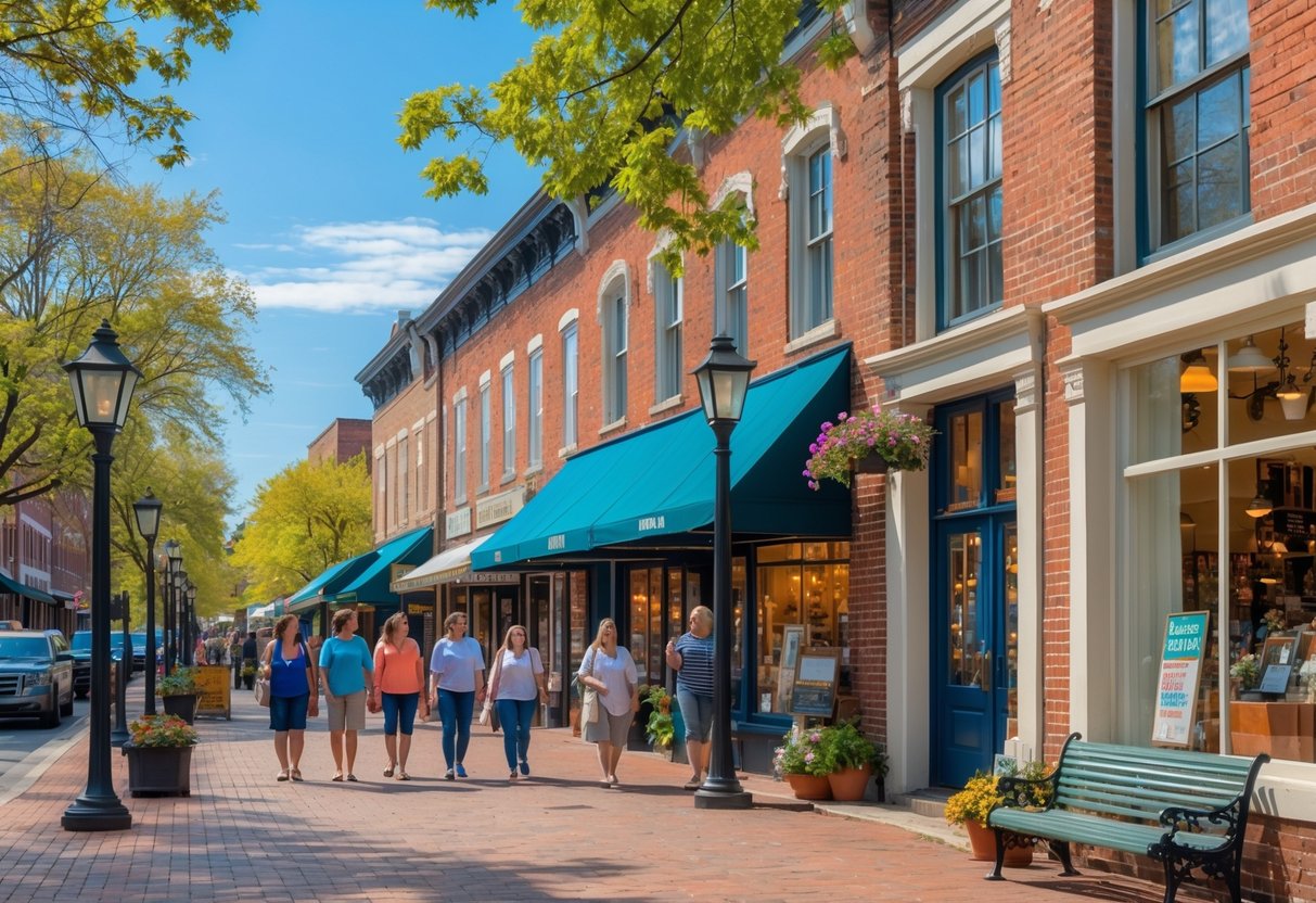 People walking along a tree-lined street with brick buildings and shops in historic downtown Troy, New York.