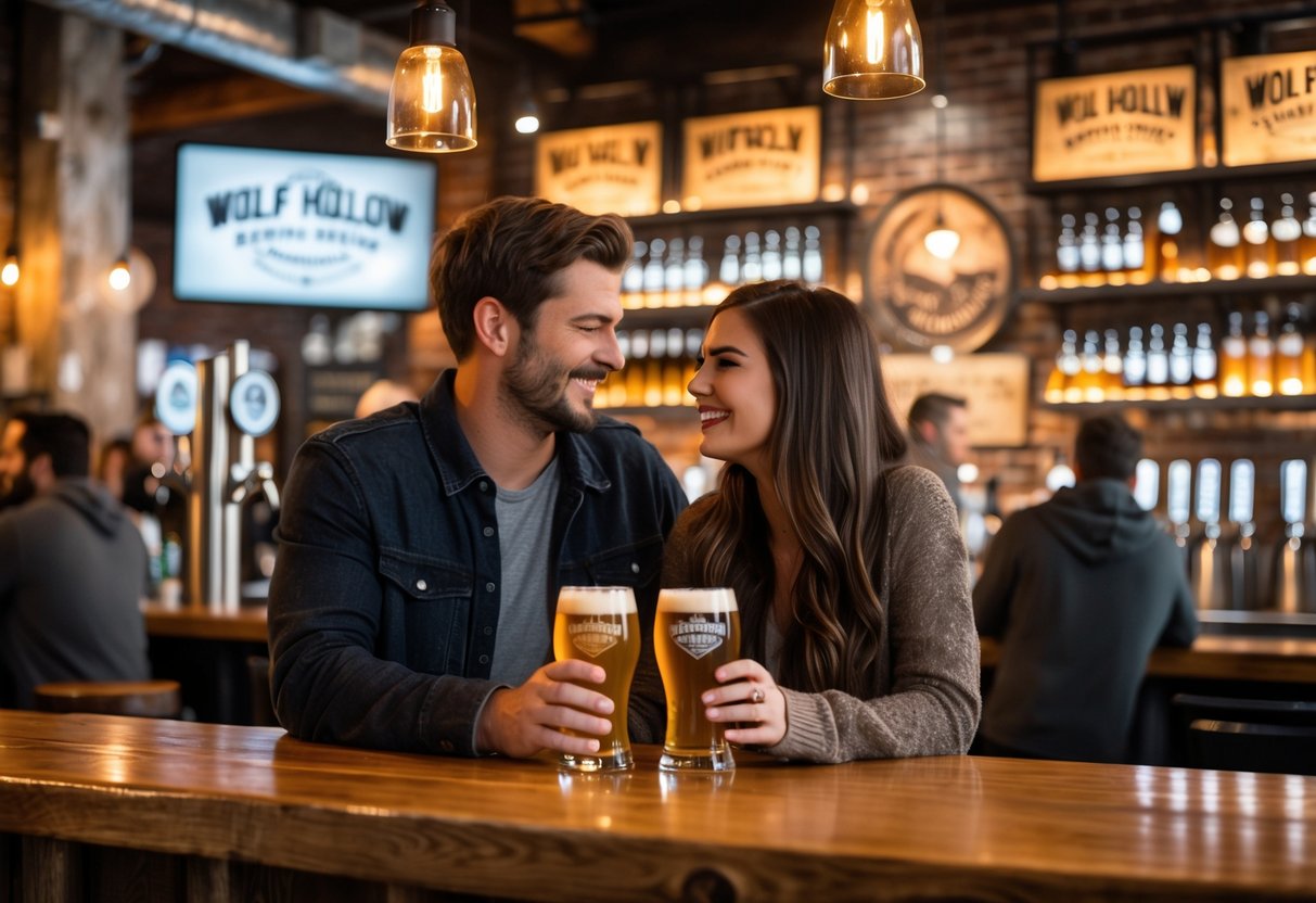 A young couple enjoying craft beers together at a rustic bar inside a brewery with warm lighting and industrial decor.