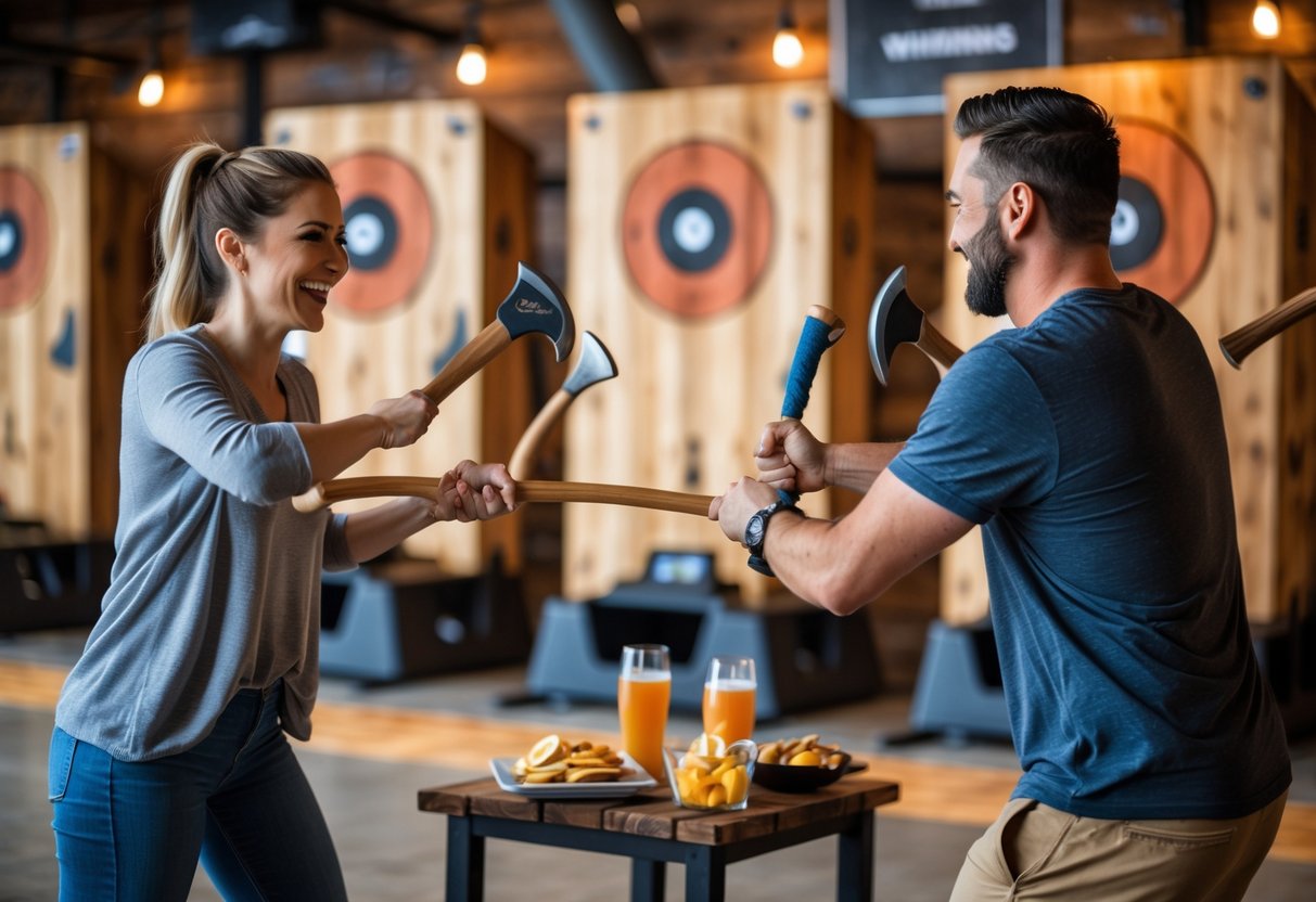 A couple having fun axe throwing indoors with snacks nearby in a cozy recreational venue.
