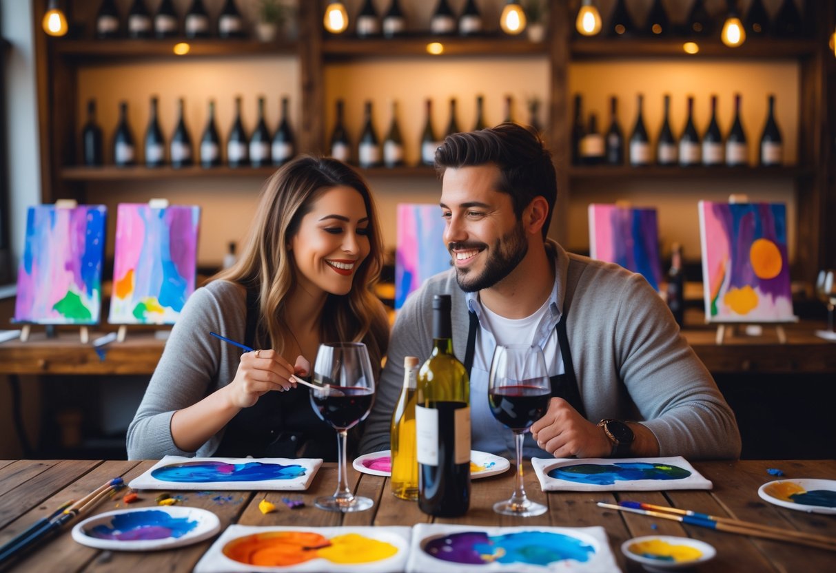 A couple enjoying a wine tasting and painting activity together at a cozy art studio with wine glasses and painting supplies on the table.