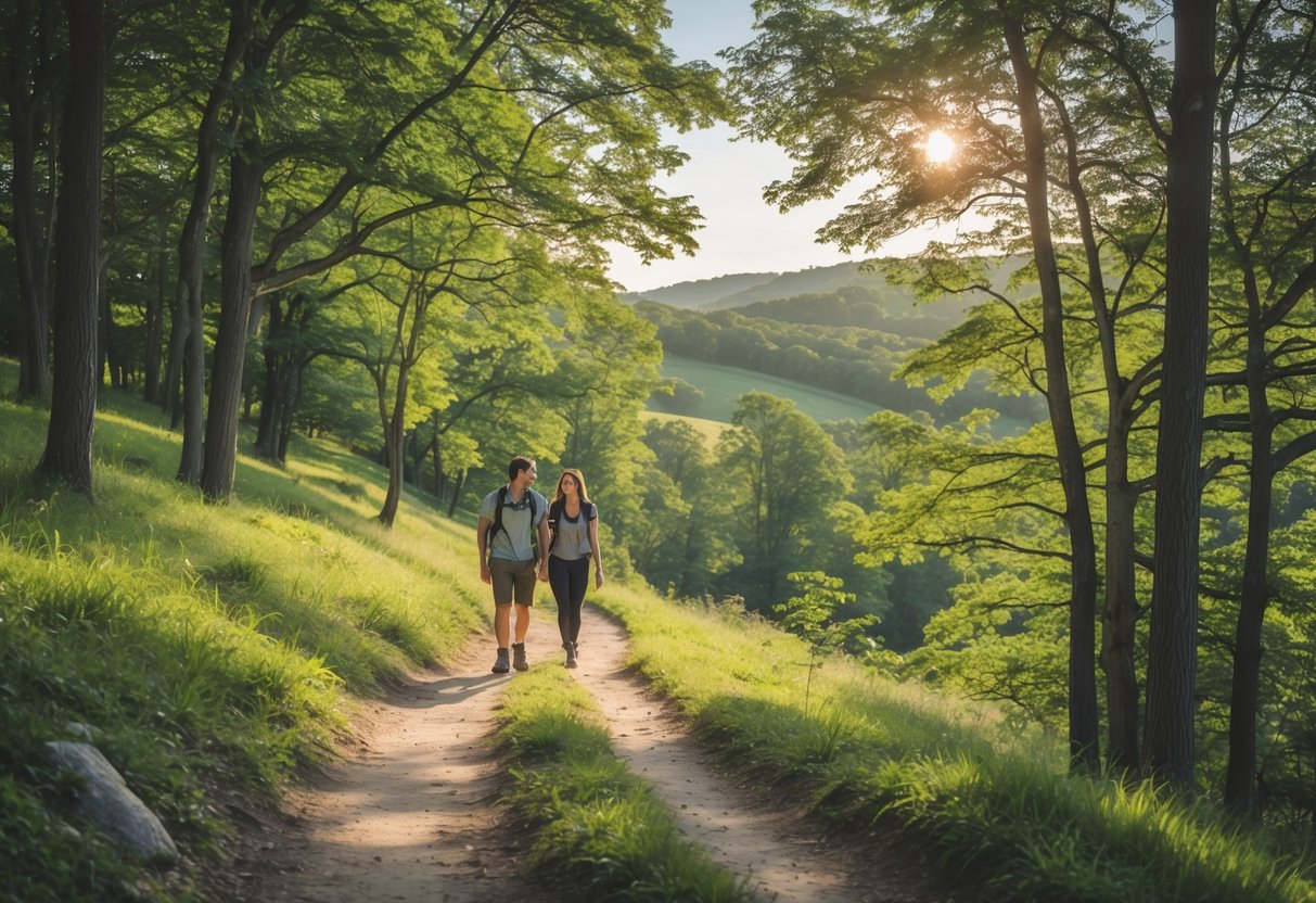 A young couple hiking on a wooded trail with green trees and scenic hills in the background.