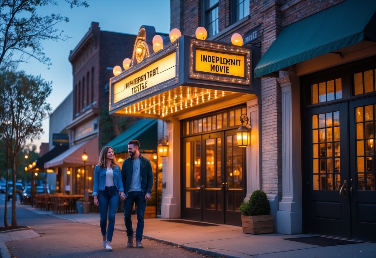 A young couple holding hands outside an independent movie theater near a cozy restaurant in Troy, New York during early evening.