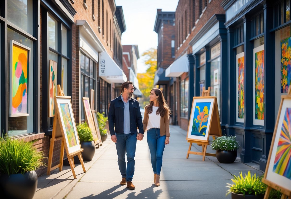 A couple walking hand in hand along a street with art galleries and studios, admiring paintings and sculptures displayed in windows and outside.