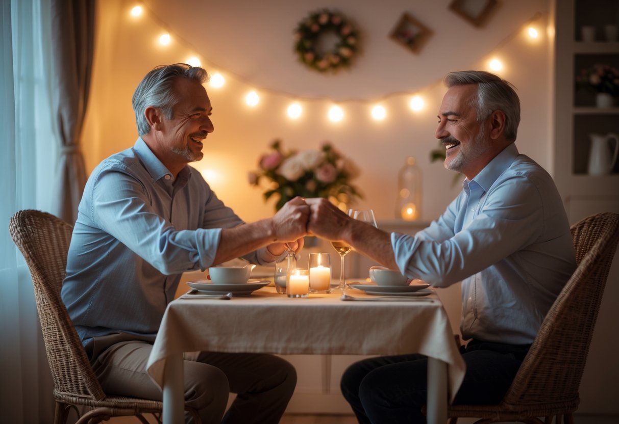 A middle-aged couple sitting at a candlelit dining table, holding hands and smiling at each other in a cozy room.