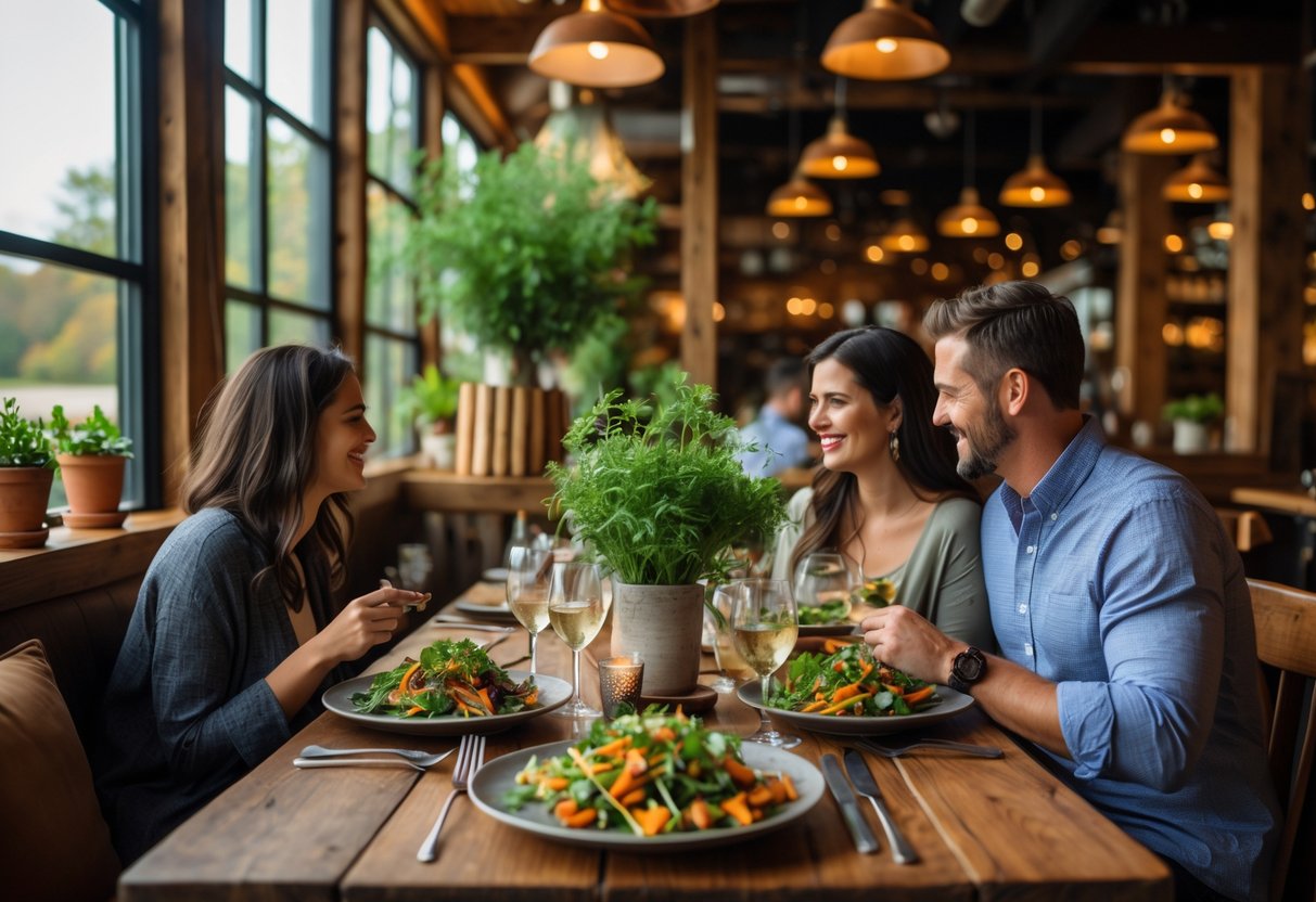 A couple dining together at a rustic wooden table in a warmly lit restaurant with farm-inspired decor and fresh food.