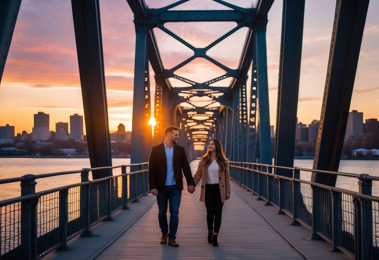 A couple walking hand in hand on Collar City Bridge in Troy, New York at sunset with city skyline and river in the background.