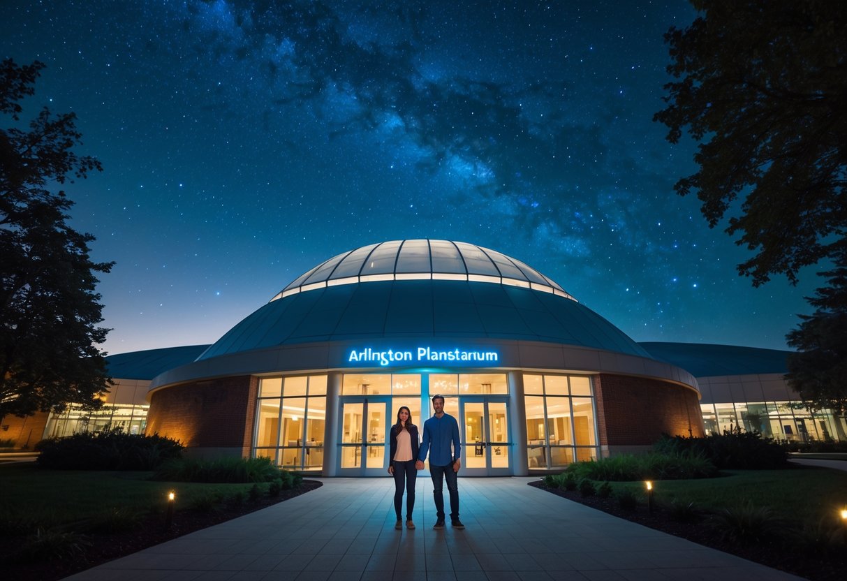 A couple holding hands outside a planetarium at night under a starry sky.