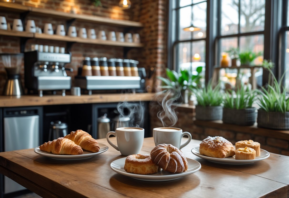 A wooden table with pastries and two cups of coffee inside a cozy coffee shop with brick walls and plants.