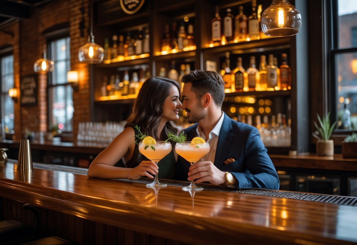 Two people enjoying cocktails together inside a cozy downtown bar with warm lighting and wooden decor.
