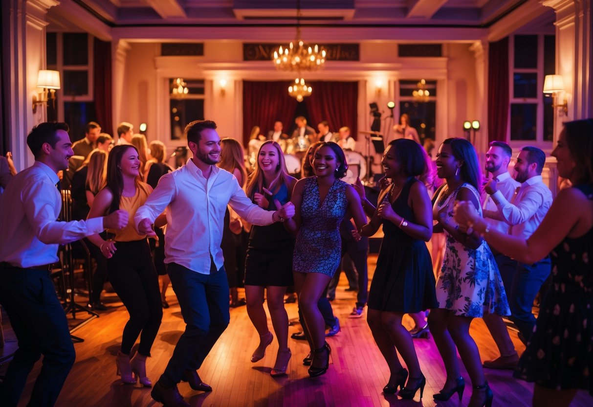 Couples and friends enjoying live music and dancing inside The Valentine Ballroom.