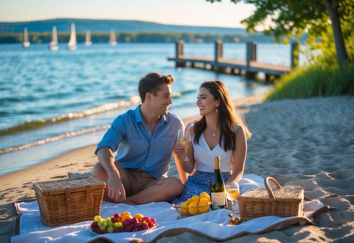 A couple enjoying a picnic on the sandy shore of Market Street Beach with lake water and sailboats in the background.