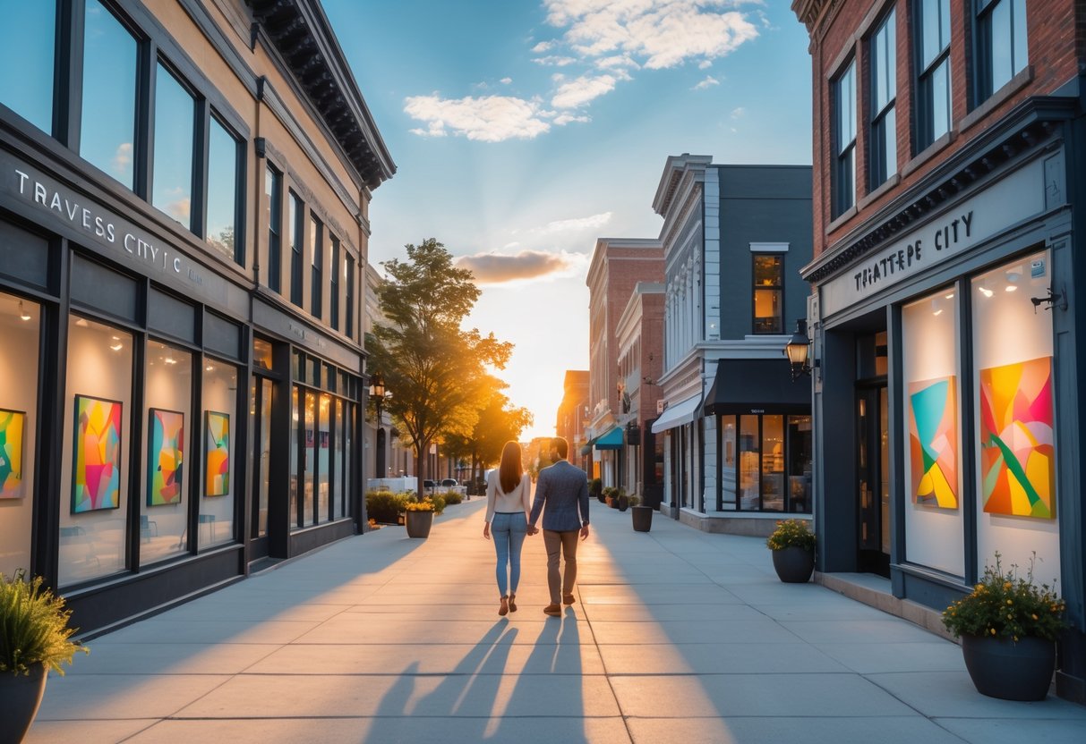 A couple walking hand-in-hand along a downtown street lined with art galleries during sunset.