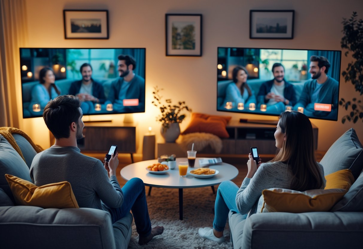 Two people in separate rooms watching the same movie simultaneously on their TVs during a virtual date.