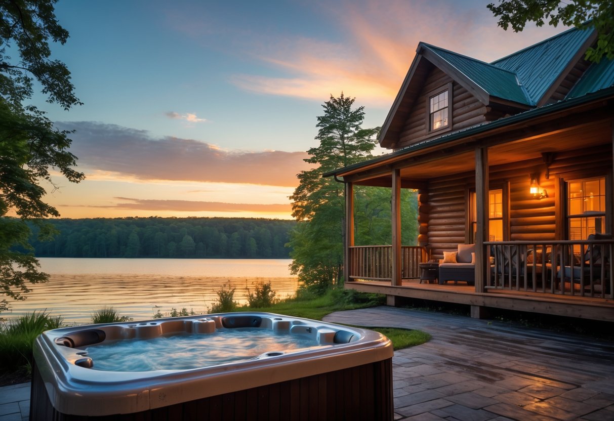 A cozy wooden cabin by a lake with a porch and a steaming hot tub surrounded by trees at sunset.