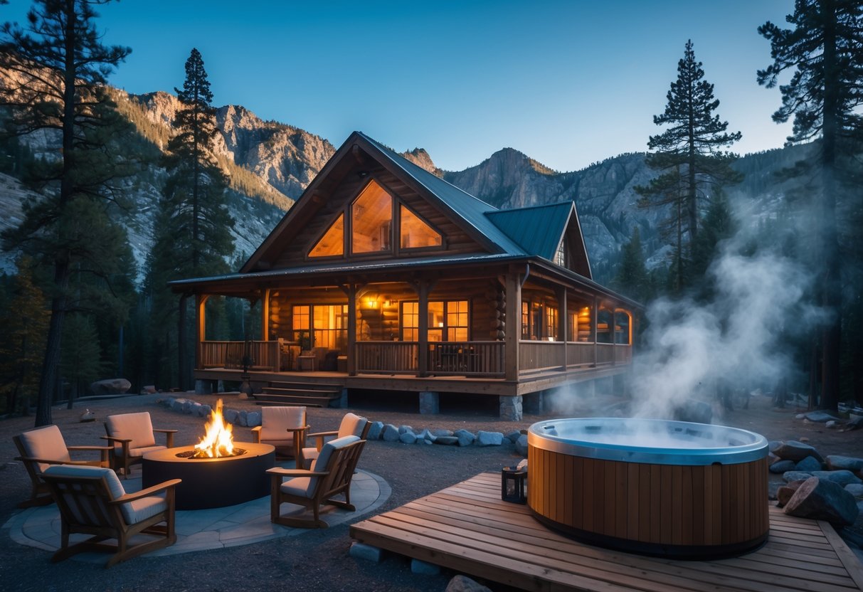 A secluded mountain cabin with an outdoor fire pit and a hot tub on a wooden deck surrounded by trees and mountains.