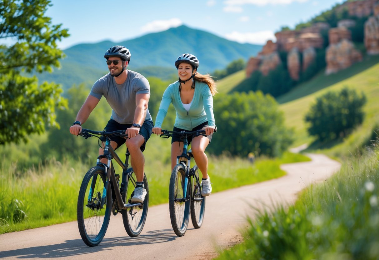 A couple biking together on a trail surrounded by trees and hills at Turkey Mountain in Tulsa, Oklahoma.