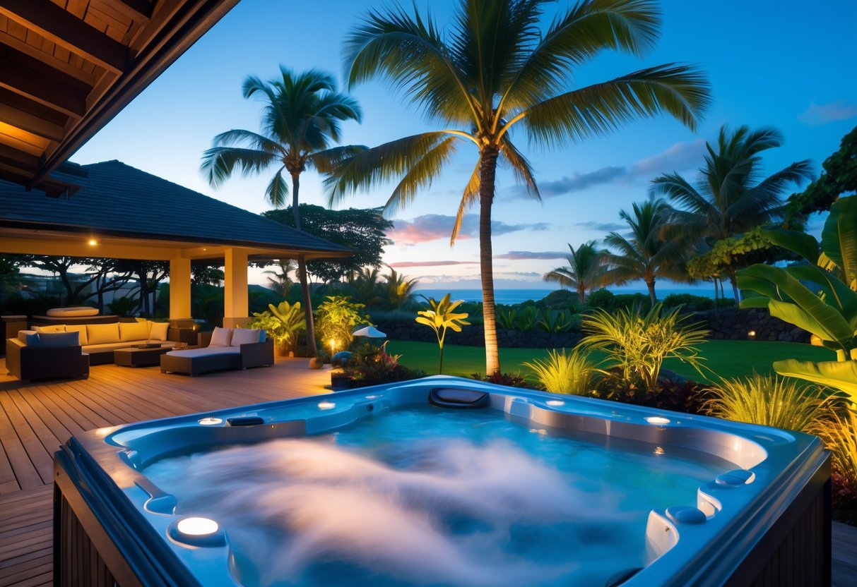 Tropical Hawaii home with a private lanai and a hot tub surrounded by palm trees and tropical plants.