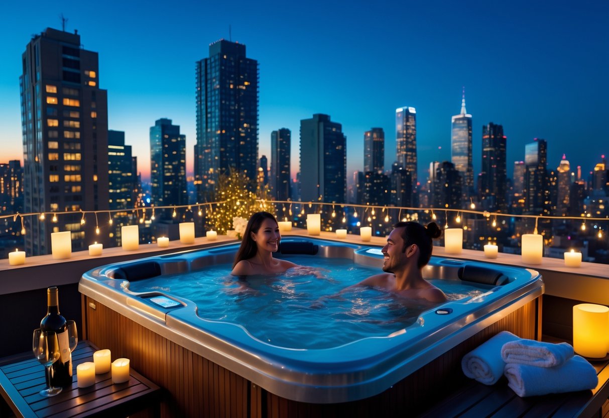 A rooftop hot tub at night with two people enjoying the warm water, overlooking a brightly lit city skyline.