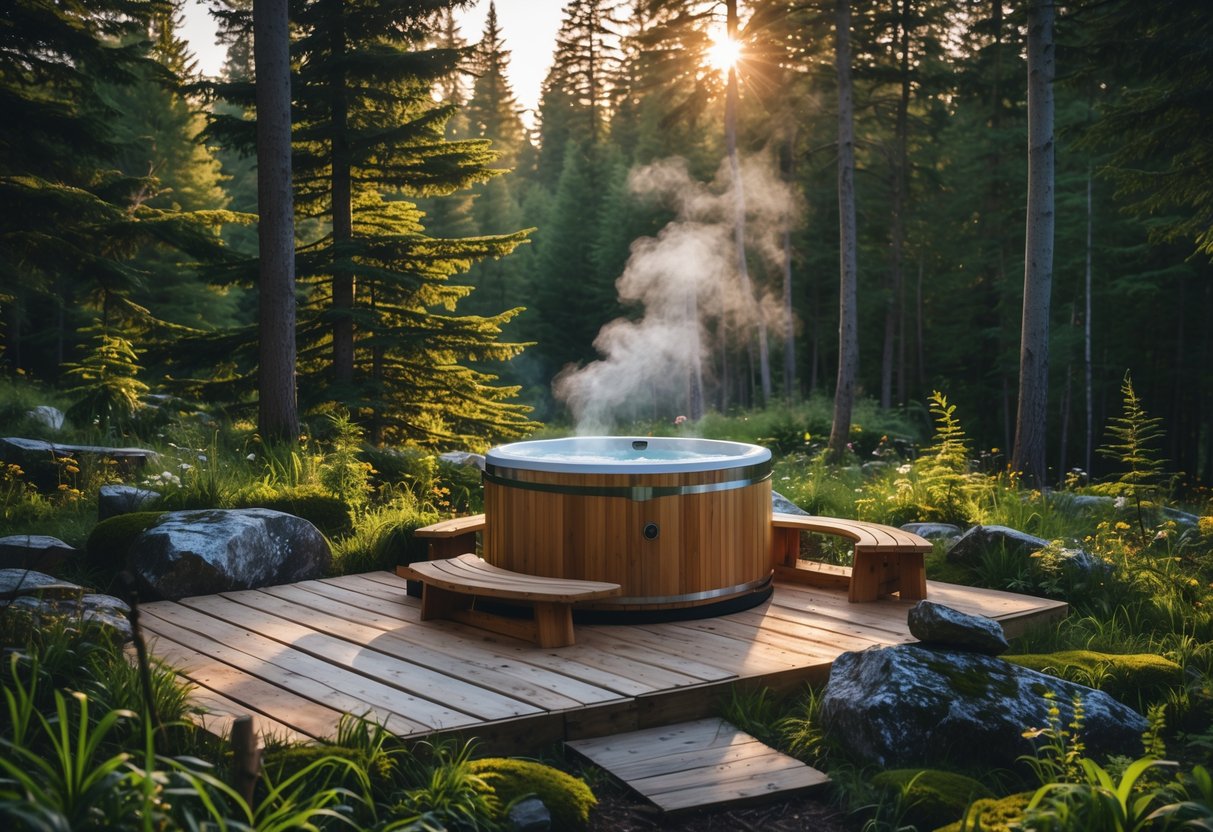 A wood-fired hot tub surrounded by trees and natural wooden decking in a peaceful forest setting.