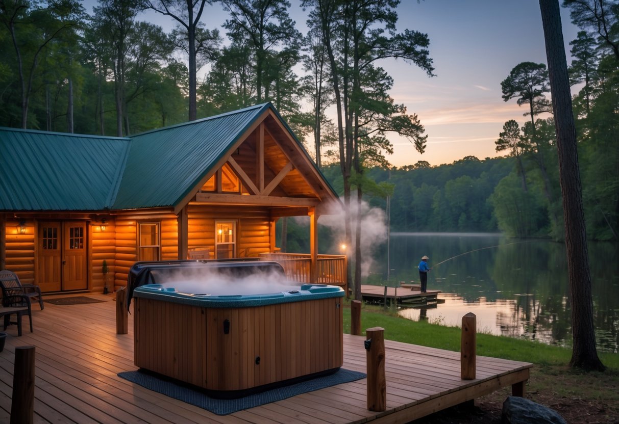 A wooden cabin near a lake with a hot tub on the deck and a person fishing from a dock surrounded by trees.