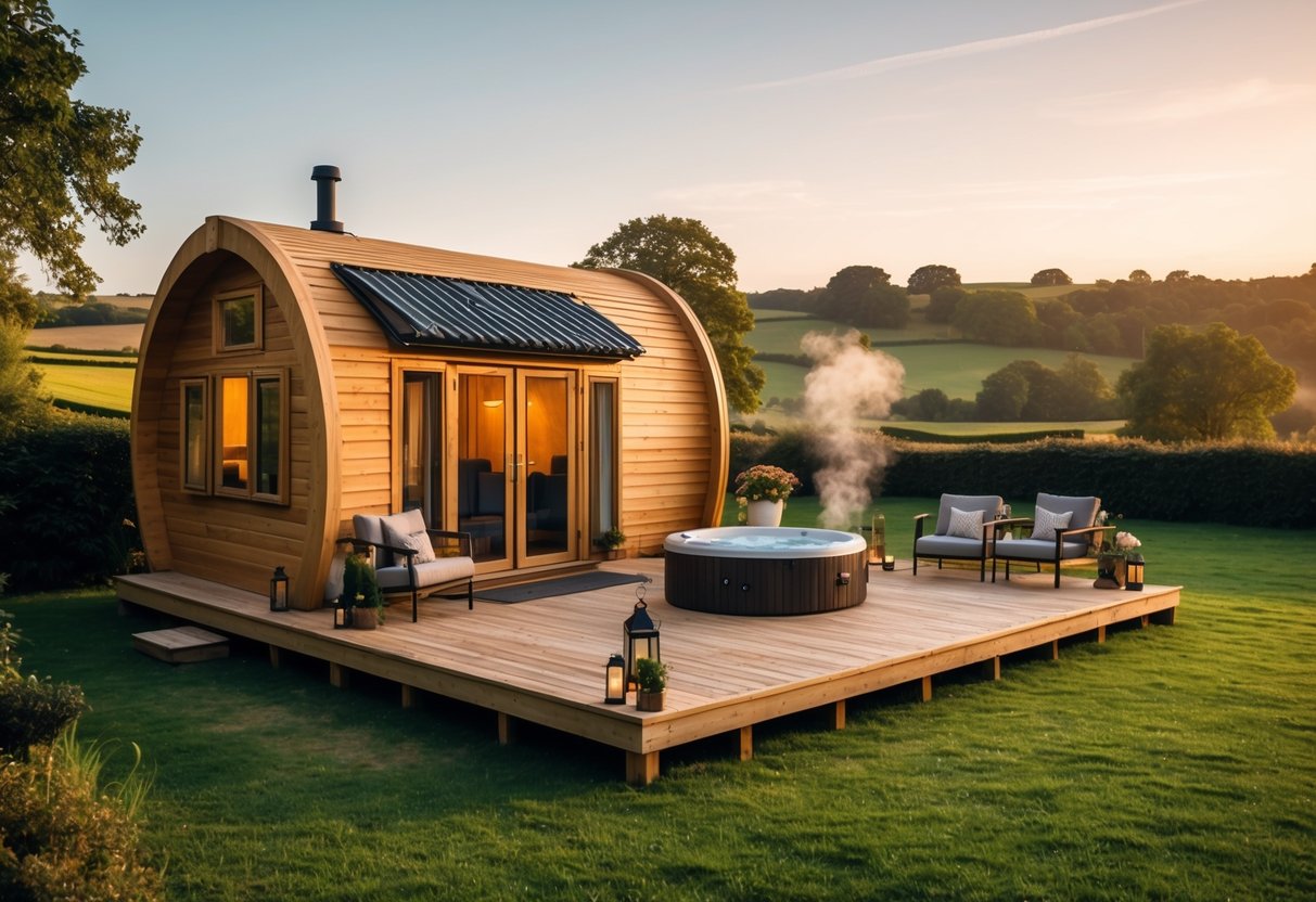Glamping pod with a spacious wooden deck and hot tub in a green countryside setting.