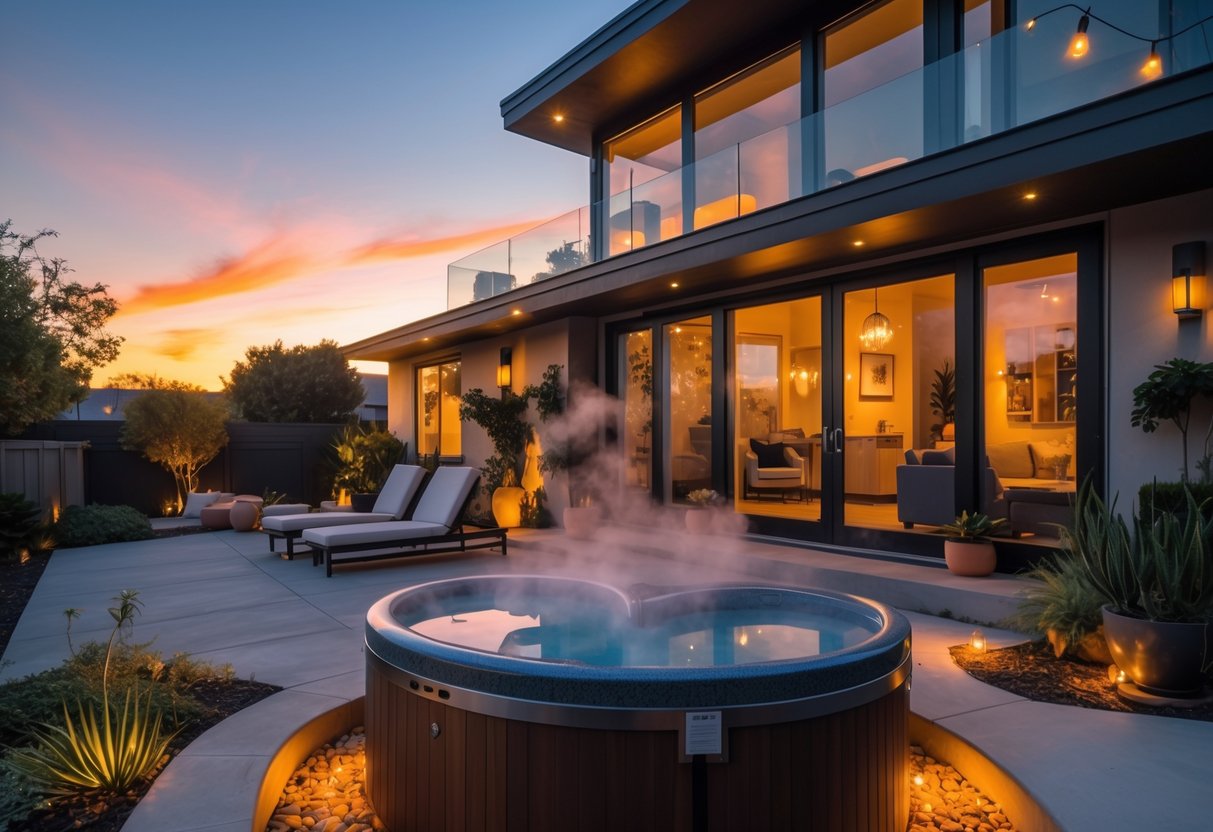 A modern California Airbnb exterior with a heart-shaped hot tub surrounded by greenery and outdoor lighting at sunset.