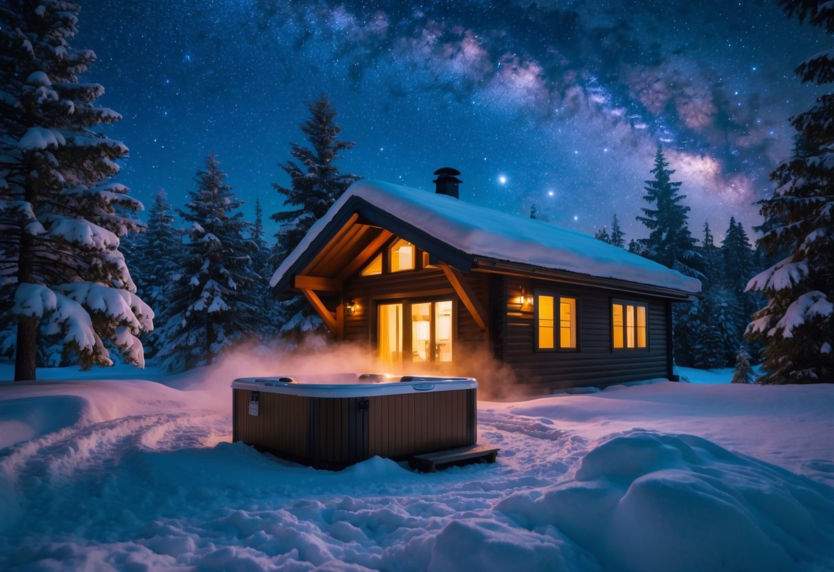 A snowy winter cabin with a steaming outdoor hot tub under a star-filled night sky surrounded by pine trees.
