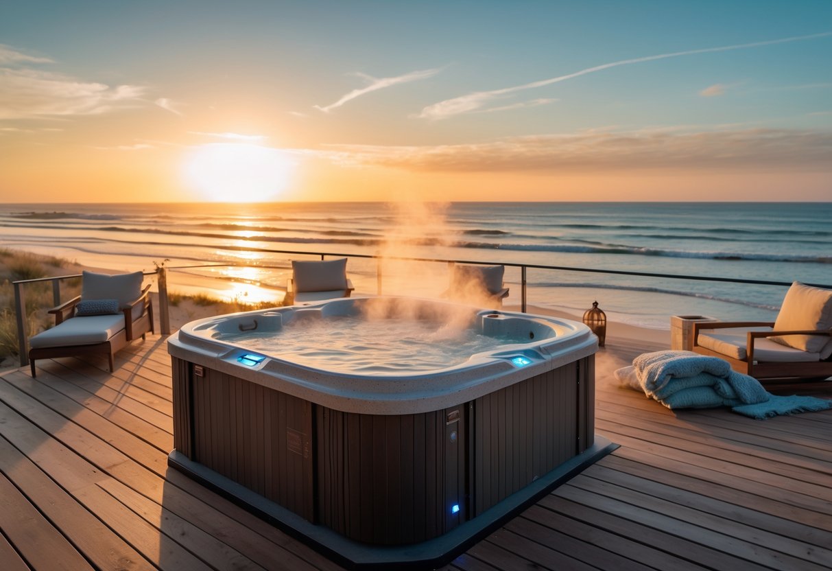 A beachfront Airbnb with an outdoor hot tub on a wooden deck overlooking the ocean at sunset.