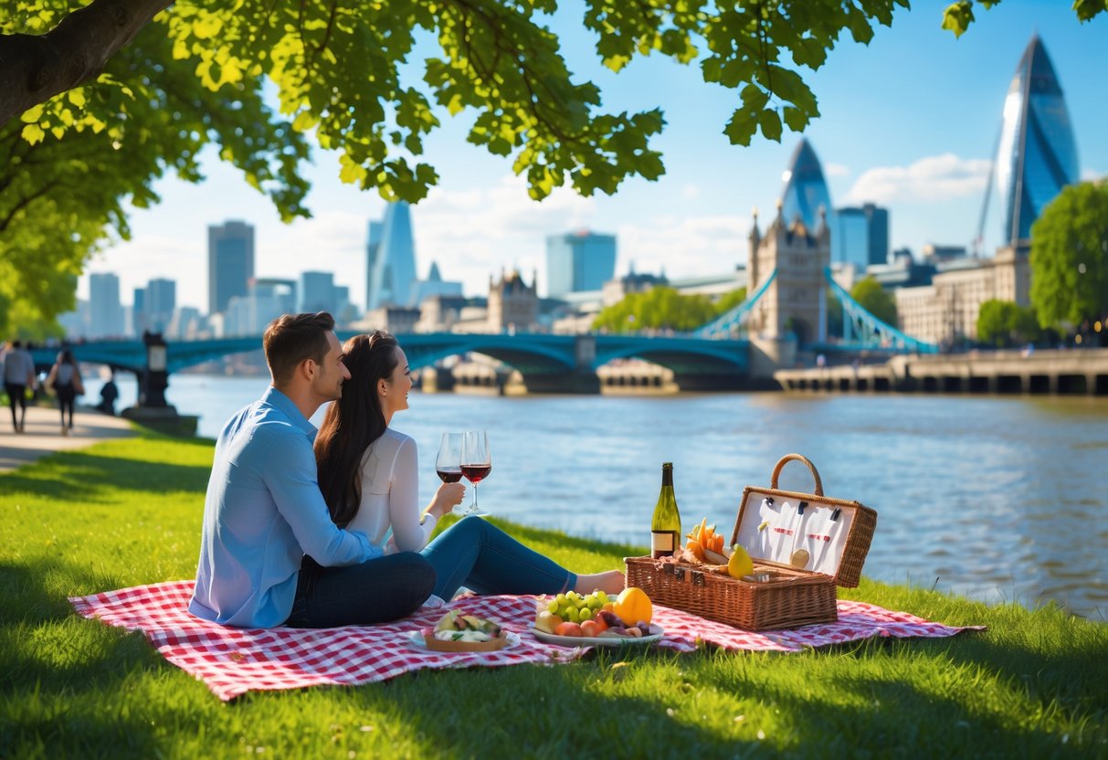 A couple having a picnic by the River Thames near Waterloo Bridge in London on a sunny day.