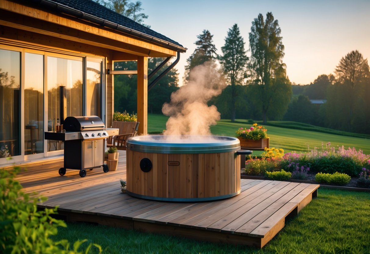 A countryside home with a wooden hot tub on the deck and a BBQ grill nearby surrounded by greenery.