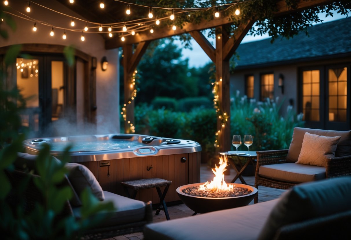 Outdoor patio with a steaming hot tub and fire pit surrounded by cozy seating and soft lighting at twilight.