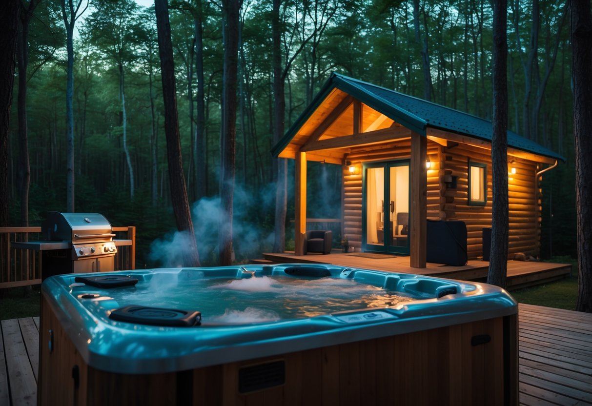A wooden cabin in the woods with a steaming hot tub and a grill on a deck surrounded by trees.
