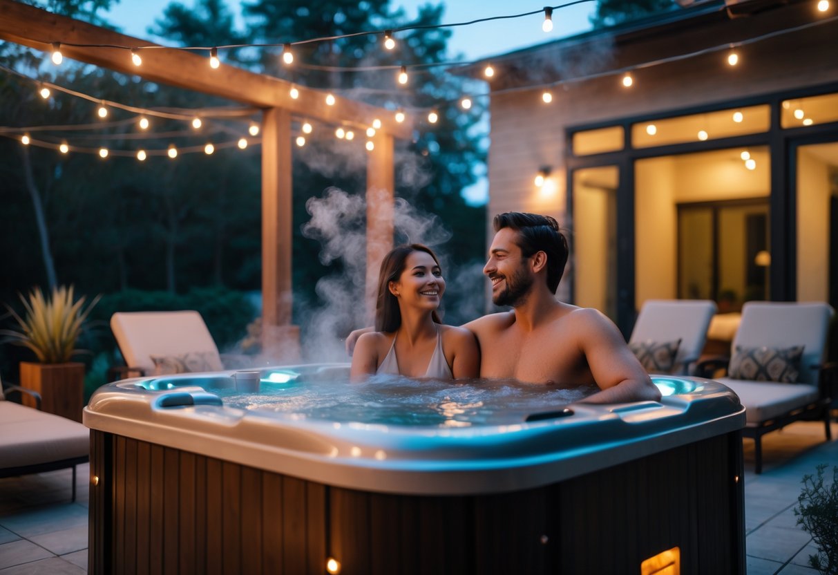 A couple relaxing in a steaming hot tub on an Airbnb patio at dusk with warm lights and comfortable seating around.