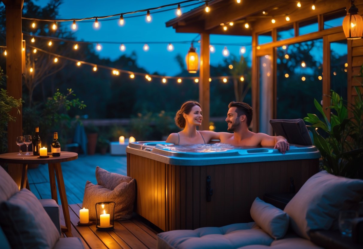 A couple relaxing together in an outdoor hot tub on a patio surrounded by plants and soft lighting at dusk.