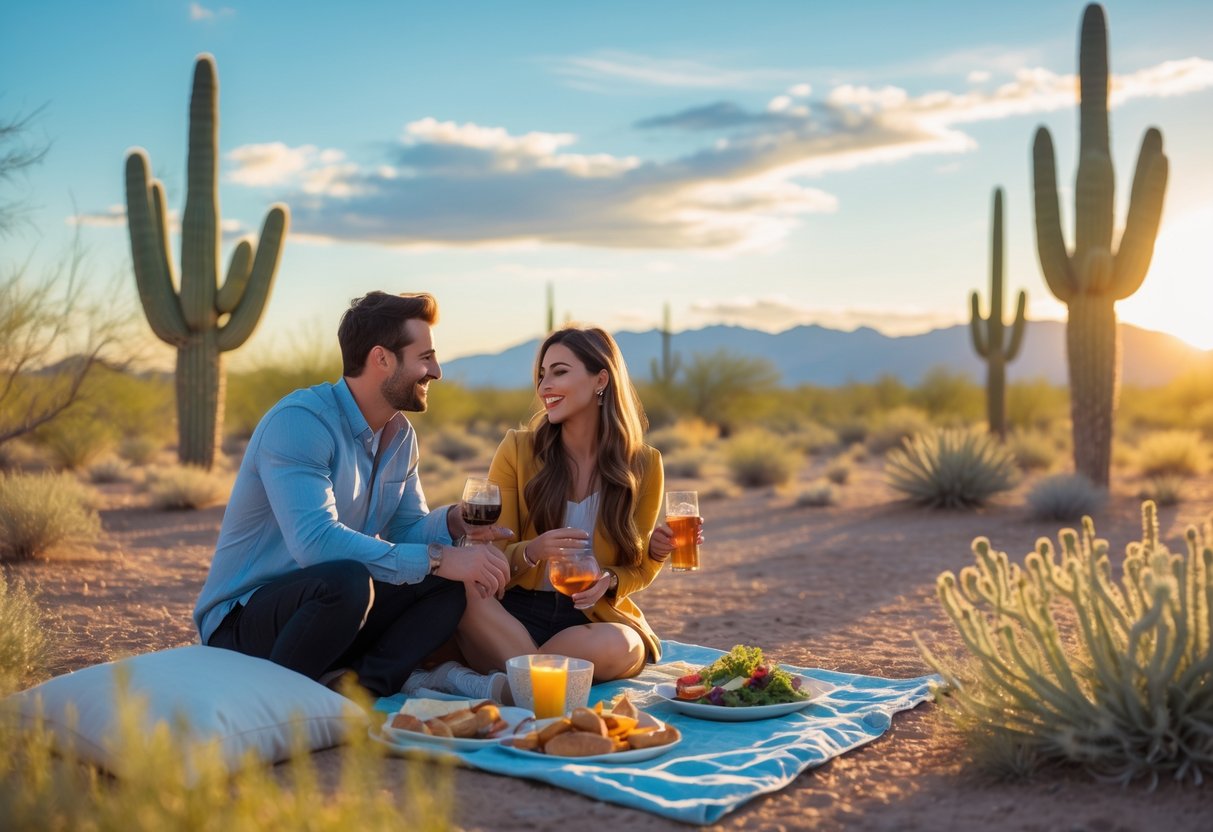 A couple enjoying a picnic together outdoors in a desert landscape with cacti and mountains in the background during sunset.
