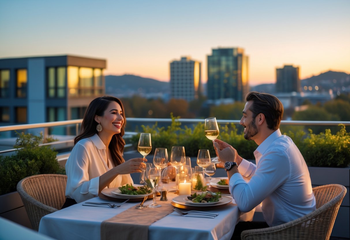 A couple enjoying a romantic dinner together at a rooftop restaurant overlooking a cityscape with greenery and buildings.