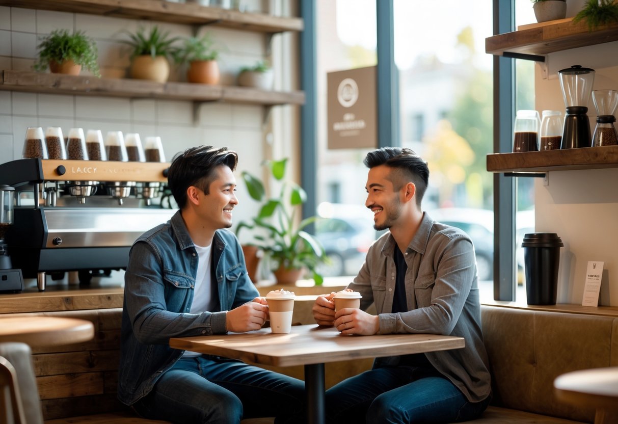 A young couple enjoying coffee together at a small table inside a cozy coffee bar with natural light.