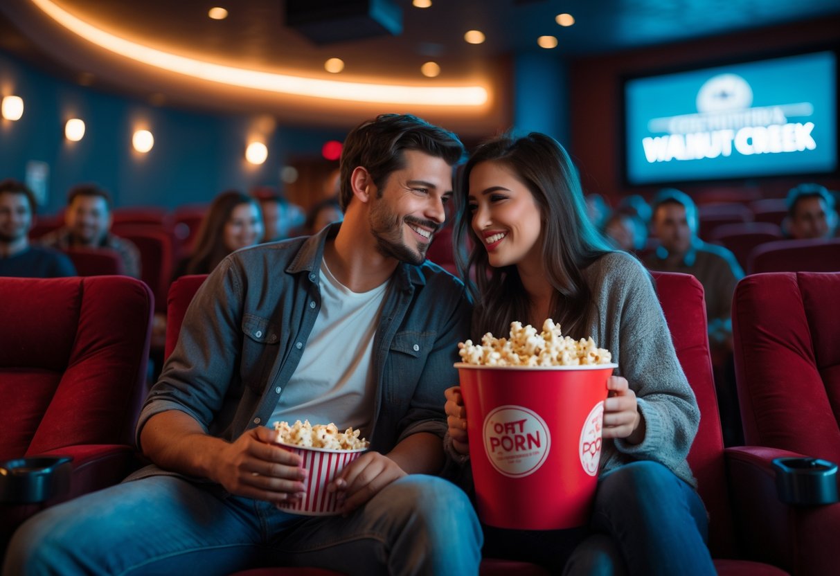 A young couple sitting together in a movie theater, sharing popcorn and enjoying a film.