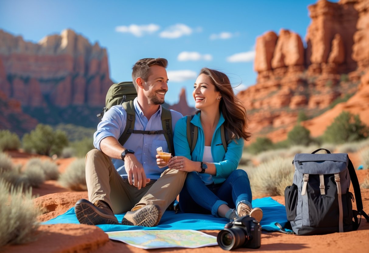 A couple enjoying a hike together in a scenic Utah red rock landscape with clear skies.